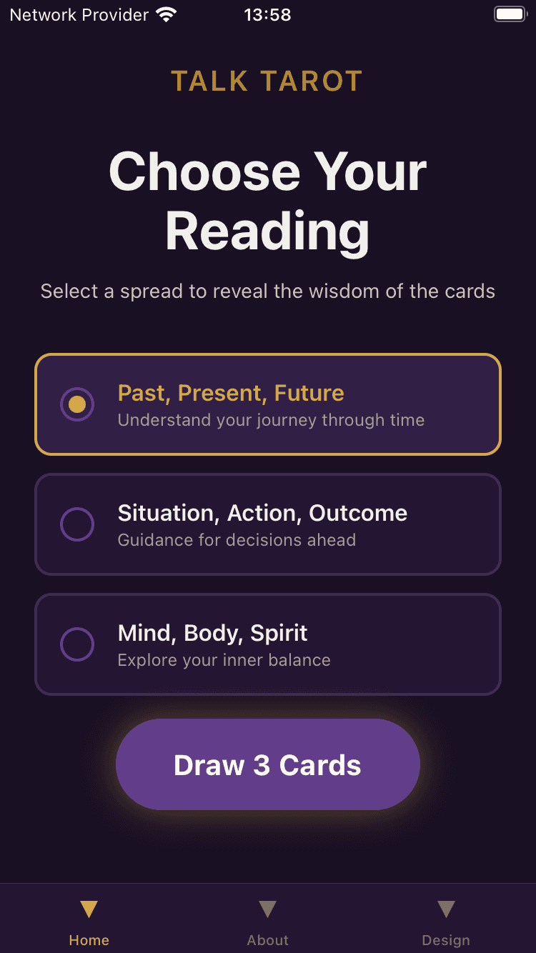 Talk Tarot spread selection screen