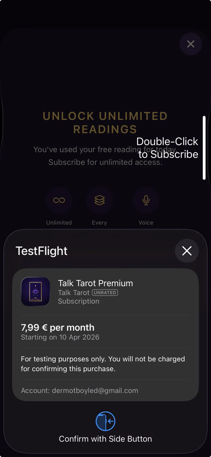 Talk Tarot Apple subscription confirmation