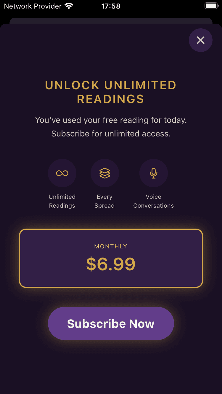 Talk Tarot subscription screen