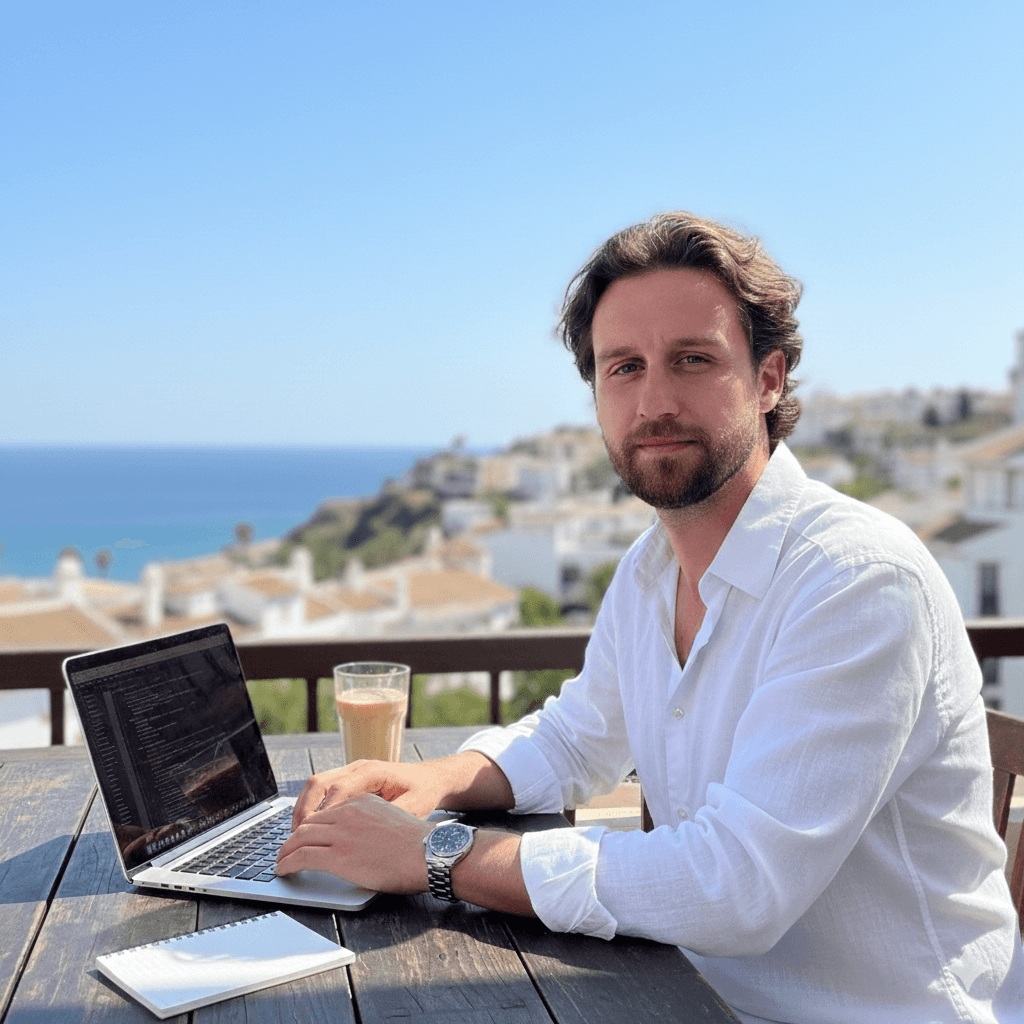 Dermot Boyle working from a terrace in southern Spain